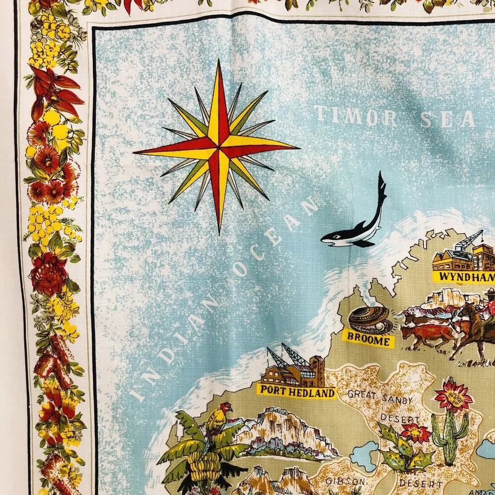 Vtg Australia Wall Hanging Linen Table Cloth Map Large 54